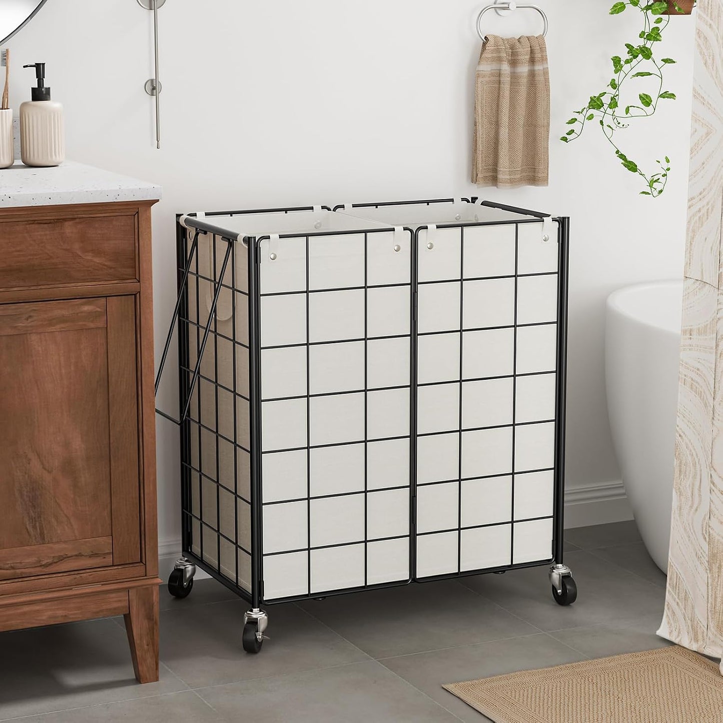 Cesta doble lavandería con ruedas 120L dormitorio