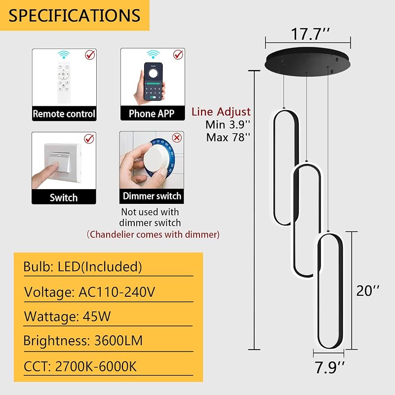3 Anillos Lámpara Araña LED Regulable Sala Comedor Negro