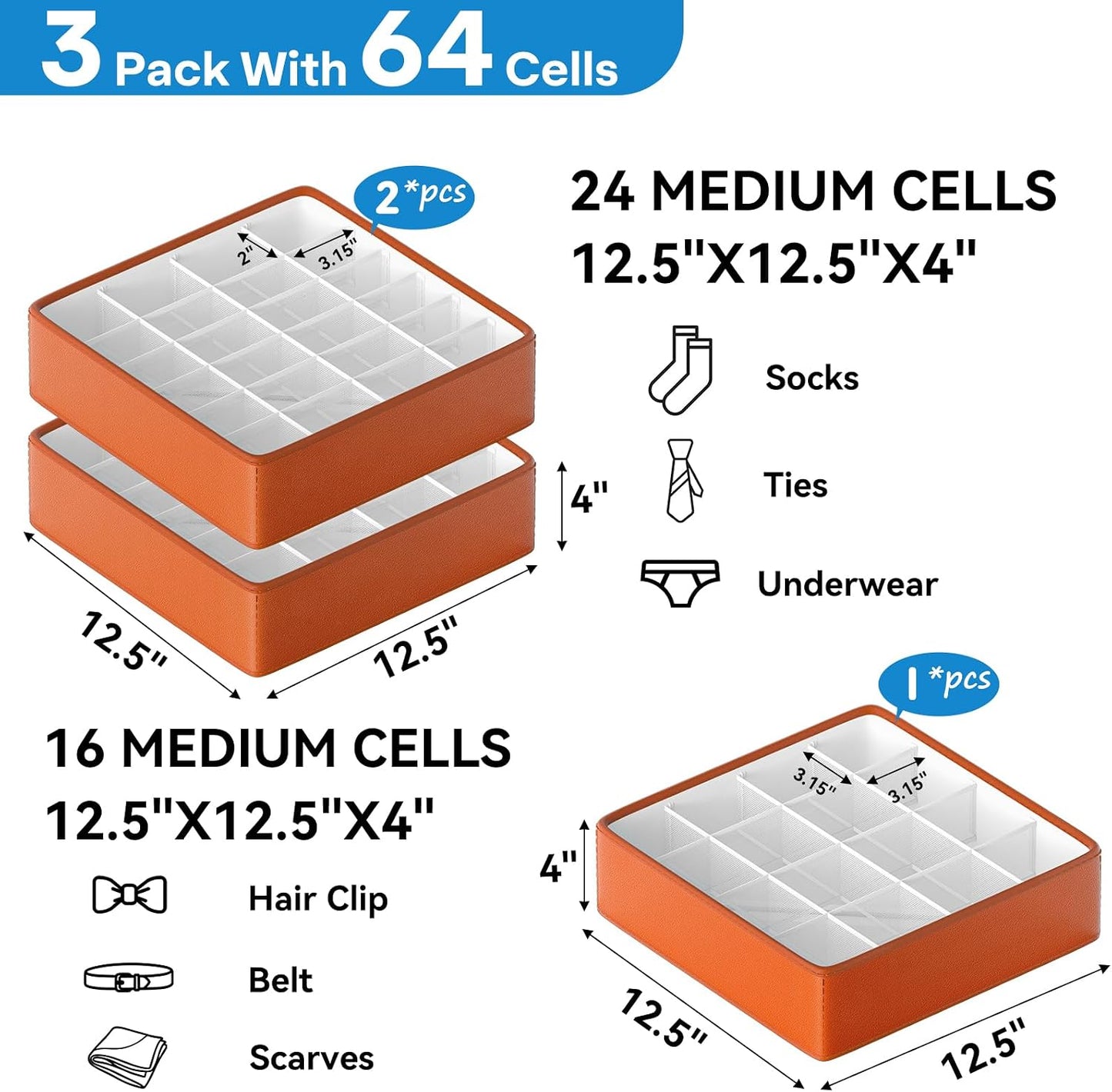 Organiz. cajones cuero 64 celdas plegable set 3