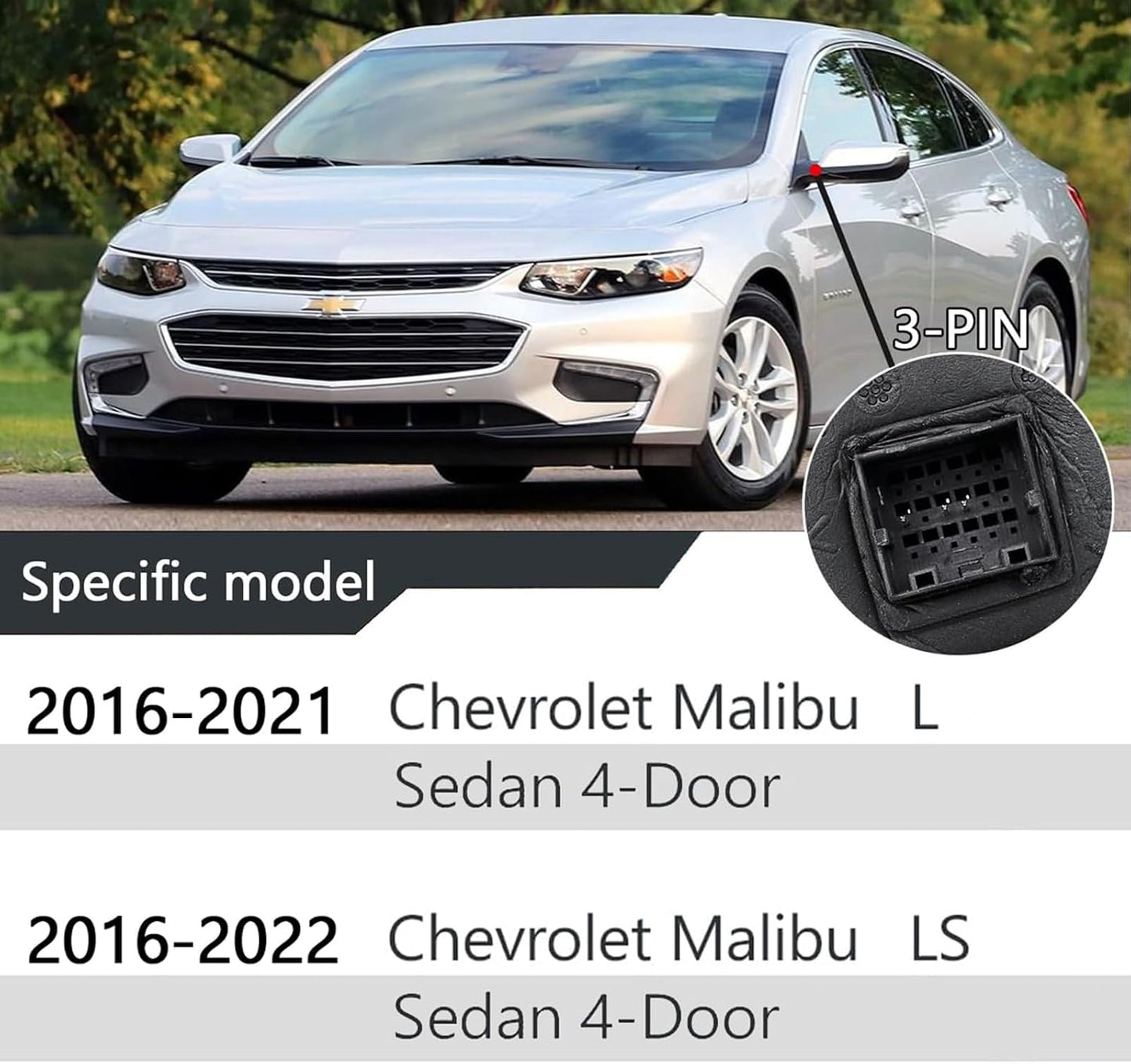Espejo 3 pines puerta derecha Chevy Malibu 16-22 Negro