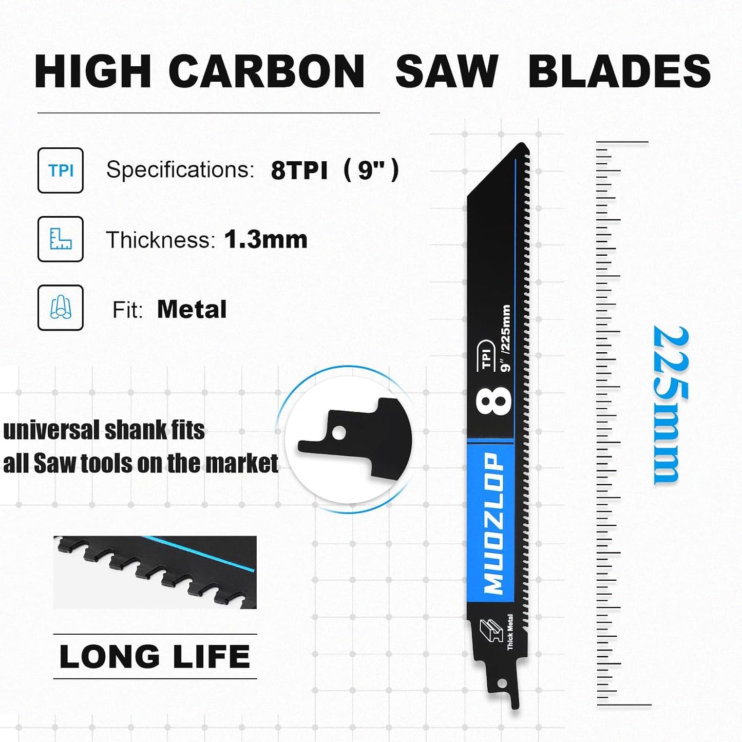 Pack 8 Hojas Sierra 9pulg Tpi Alto Carbono para Metal