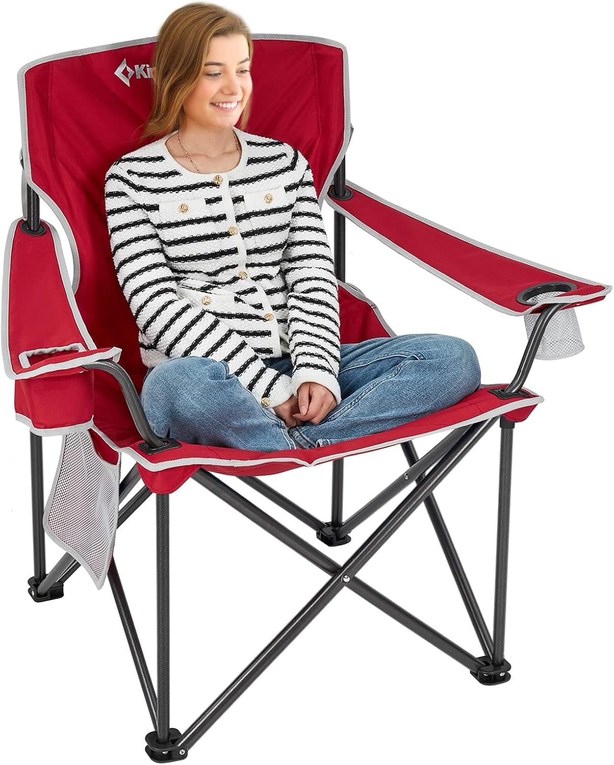 Silla camping plegable asiento acolchado bolsillo roja