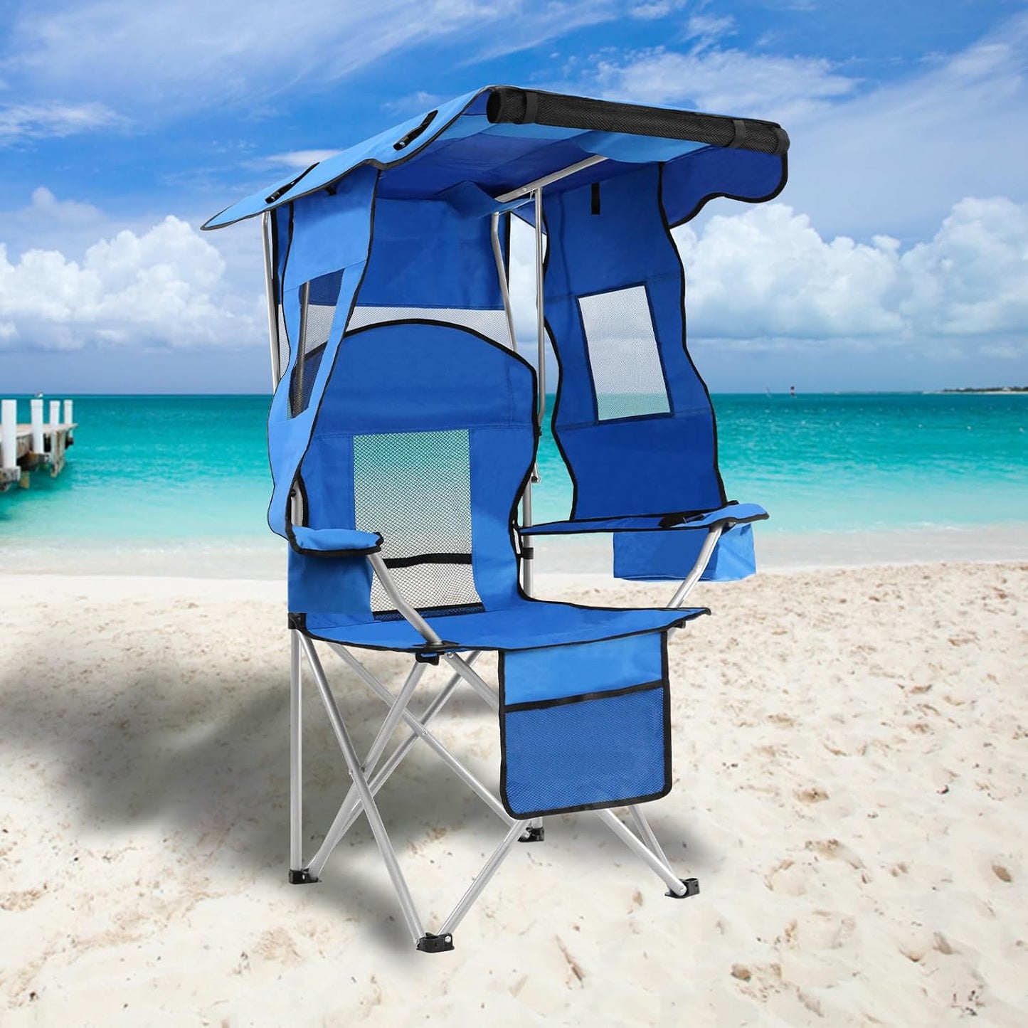 Silla camping reclinable plegable con toldo y portavasos