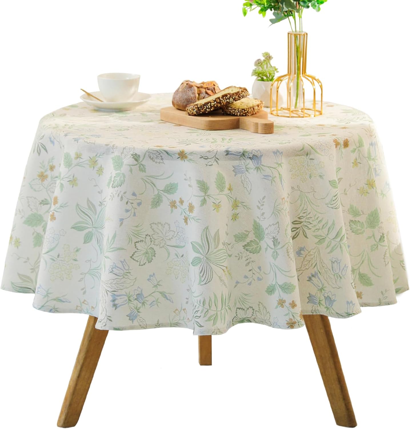 Mantel Lino Estilo Granja Flores Verdes 55pulg Redondo