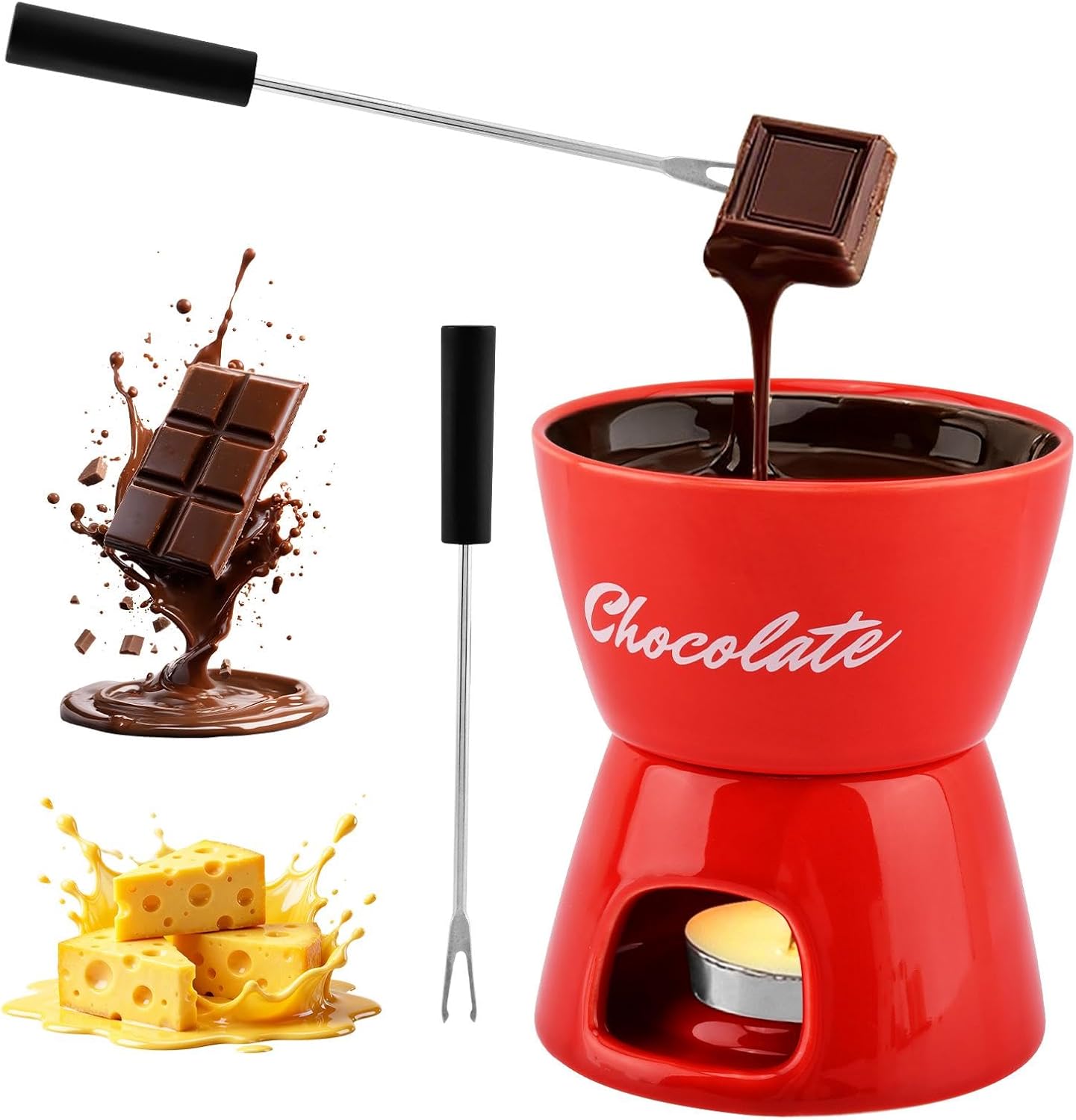 Taza fondue cerámica con 2 tenedores 4.7x4.1pulg color rojo