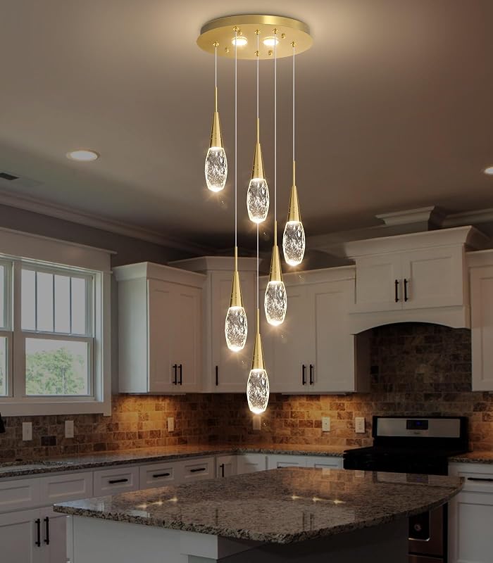 6 Luces Colgantes LED Regulables Cristal Oro Antiguo