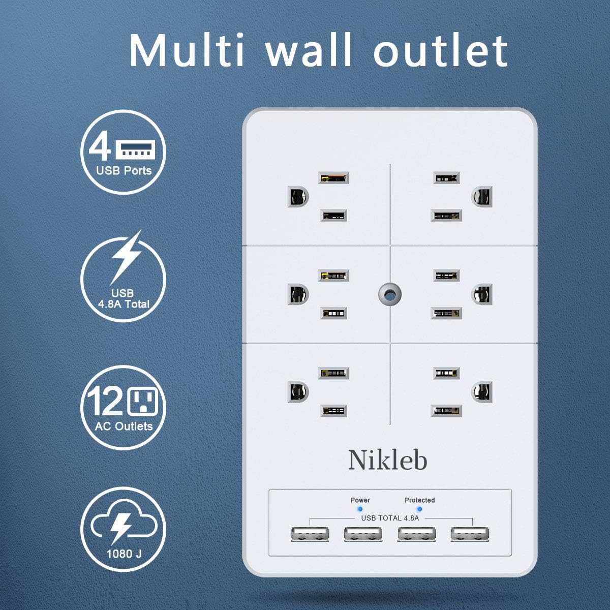 Protector sobretensiones 2 enchufes 4 USB 4.8A pared