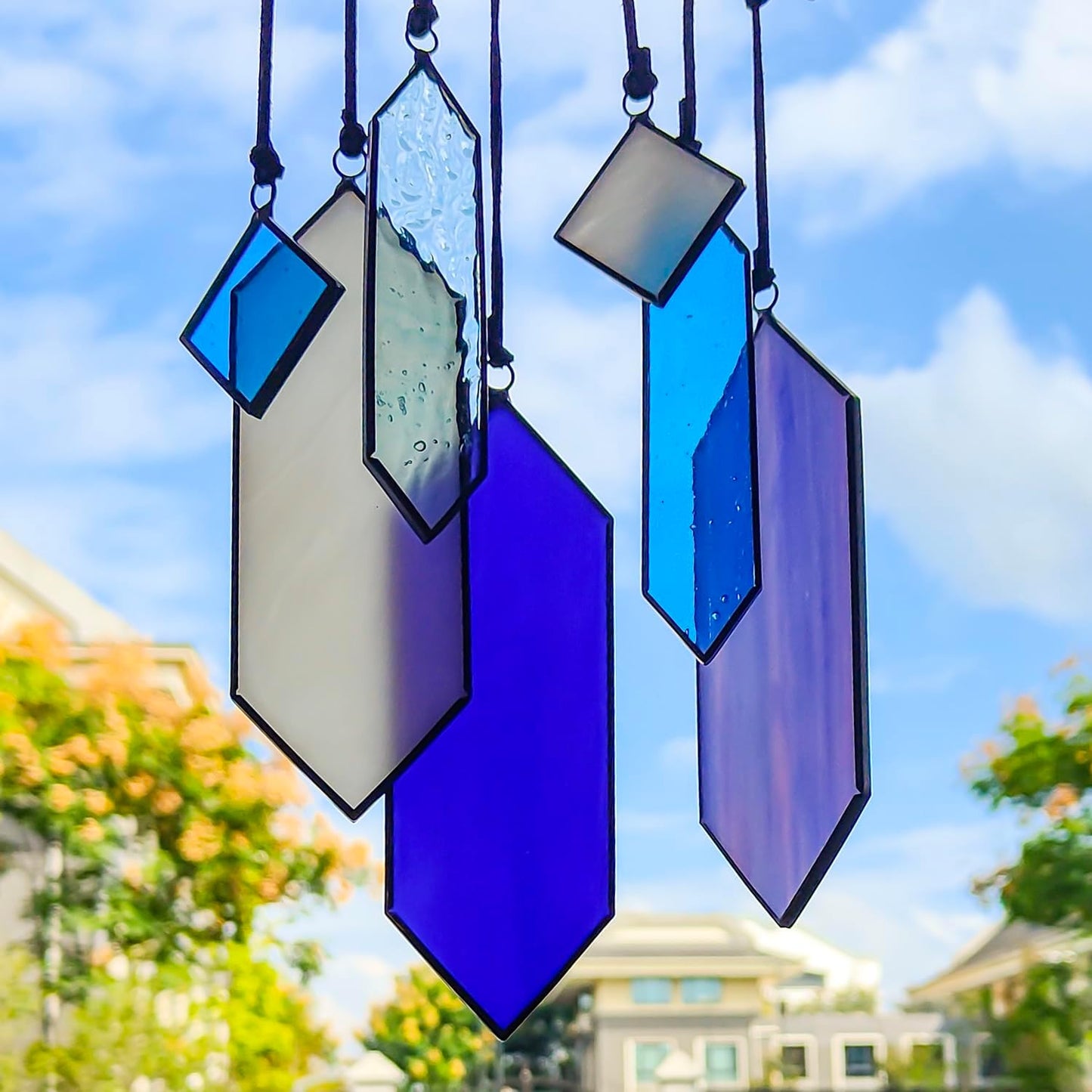 7 Pzas Vitrales Colgantes Modernos Azul para Ventana