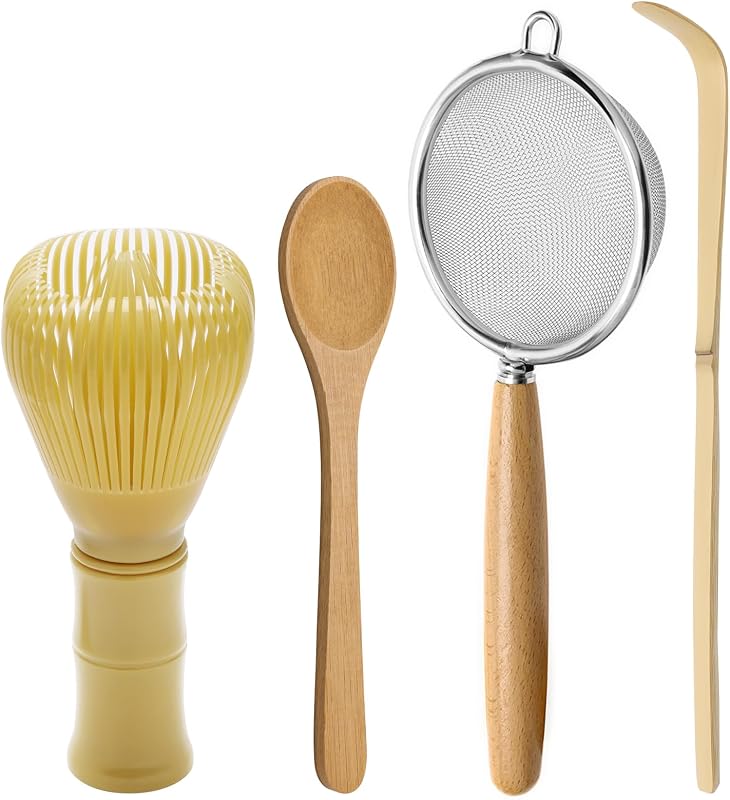 Set 4 Batidores Matcha Resina Alimentaria con Cuchara y Tamiz Inox