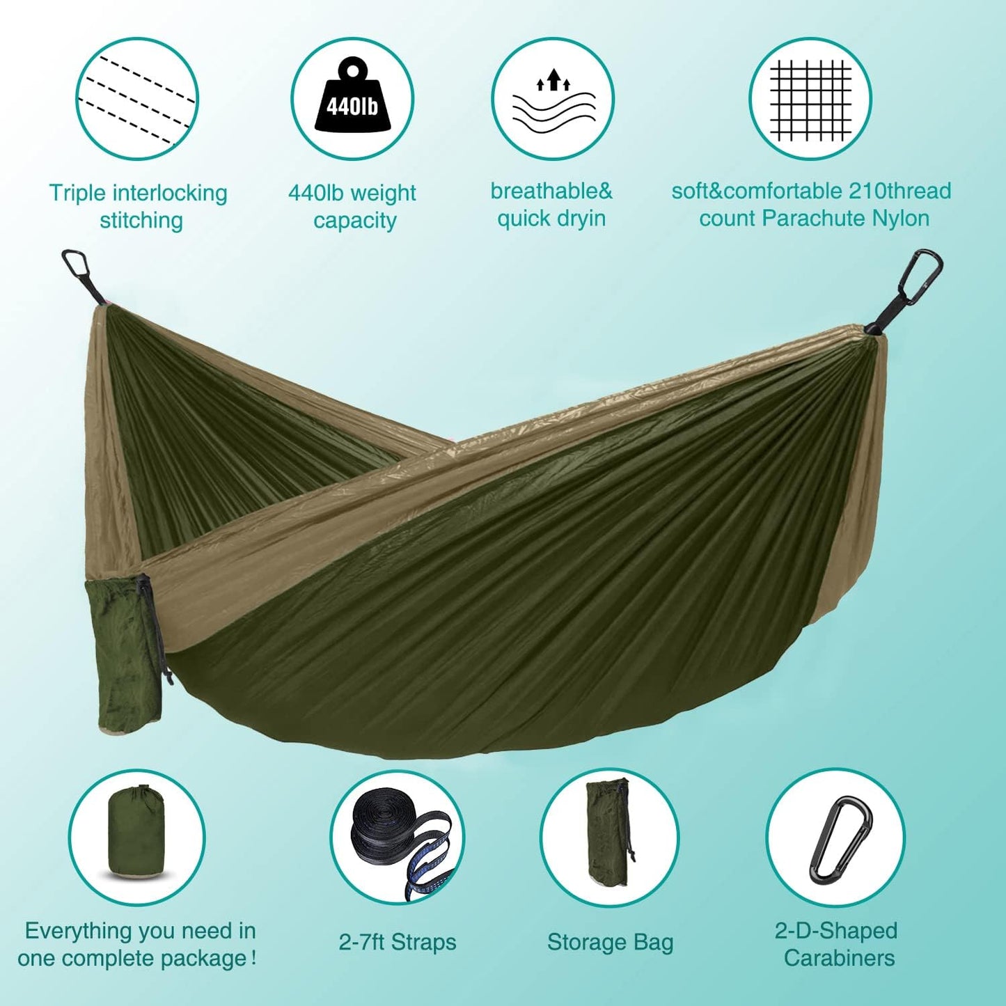 Hamaca portátil para campamento y jardín 210D verde/caqui