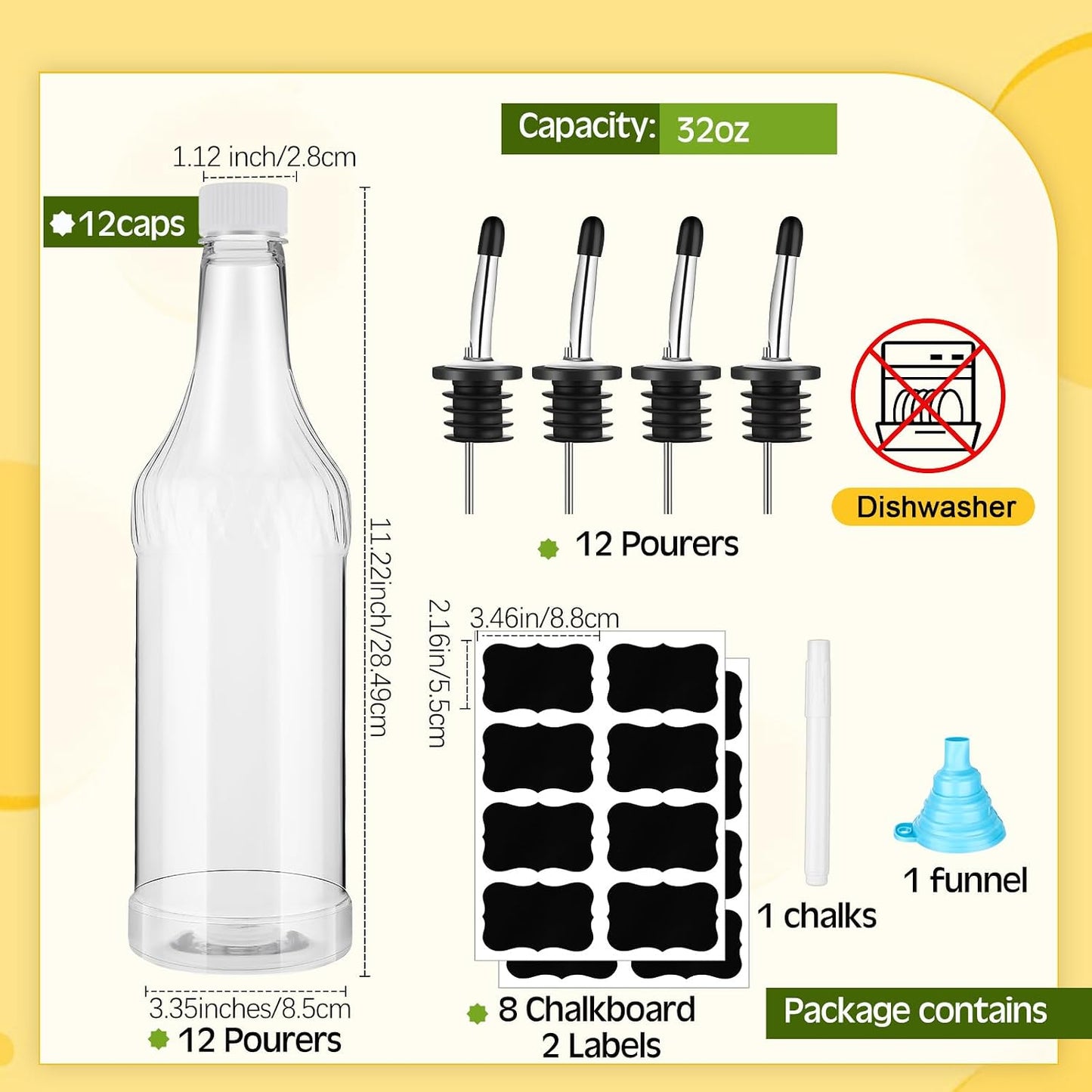 24 Botellas Plástico Cuello Largo 32oz Con Tapas y Vertedor