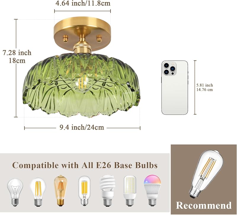Lámpara techo empotrado luces verdes E26 vintage 9.4pulg