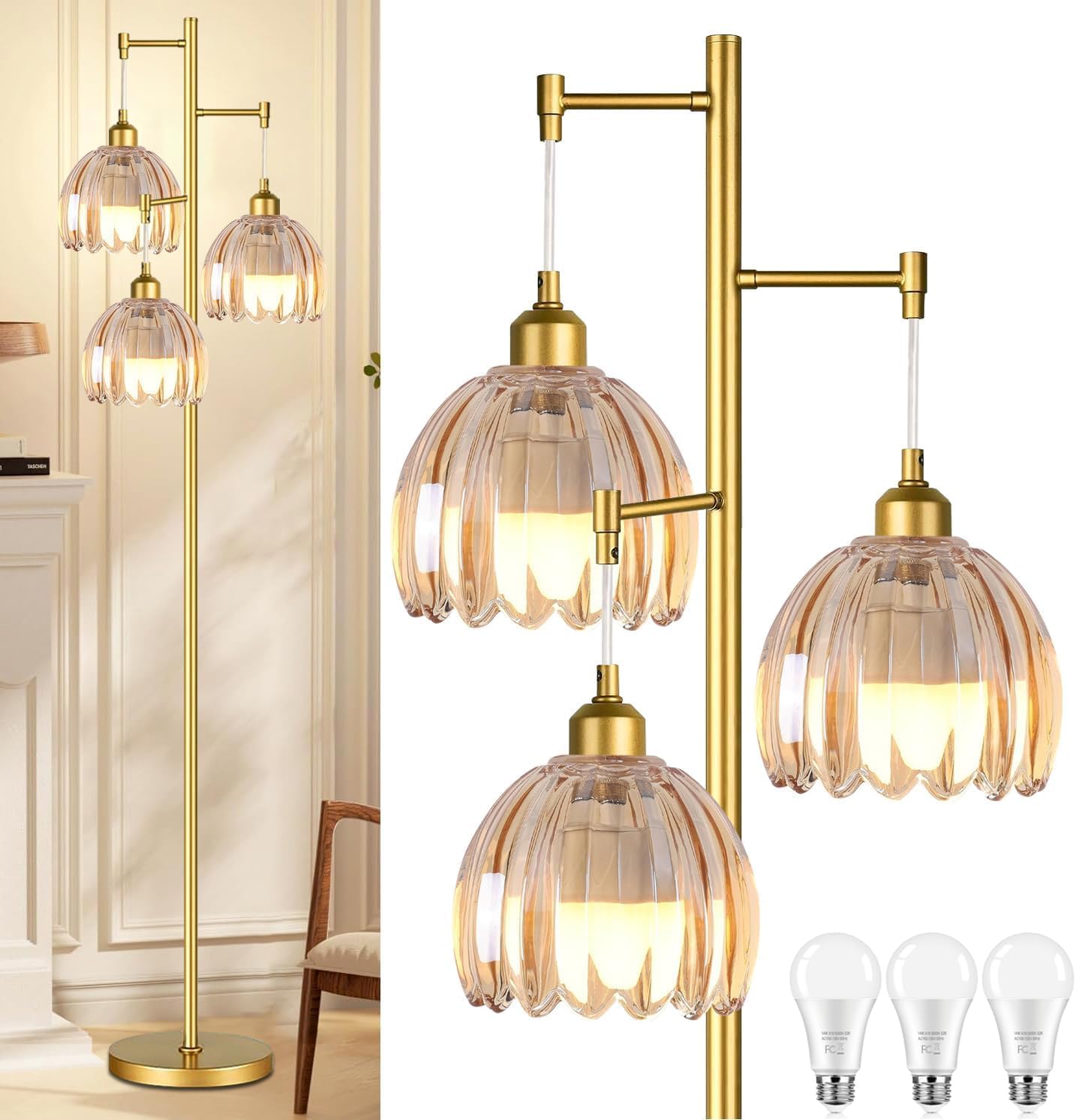 Lámpara pie dorada 3 luces pantalla cristal sala dormitorio