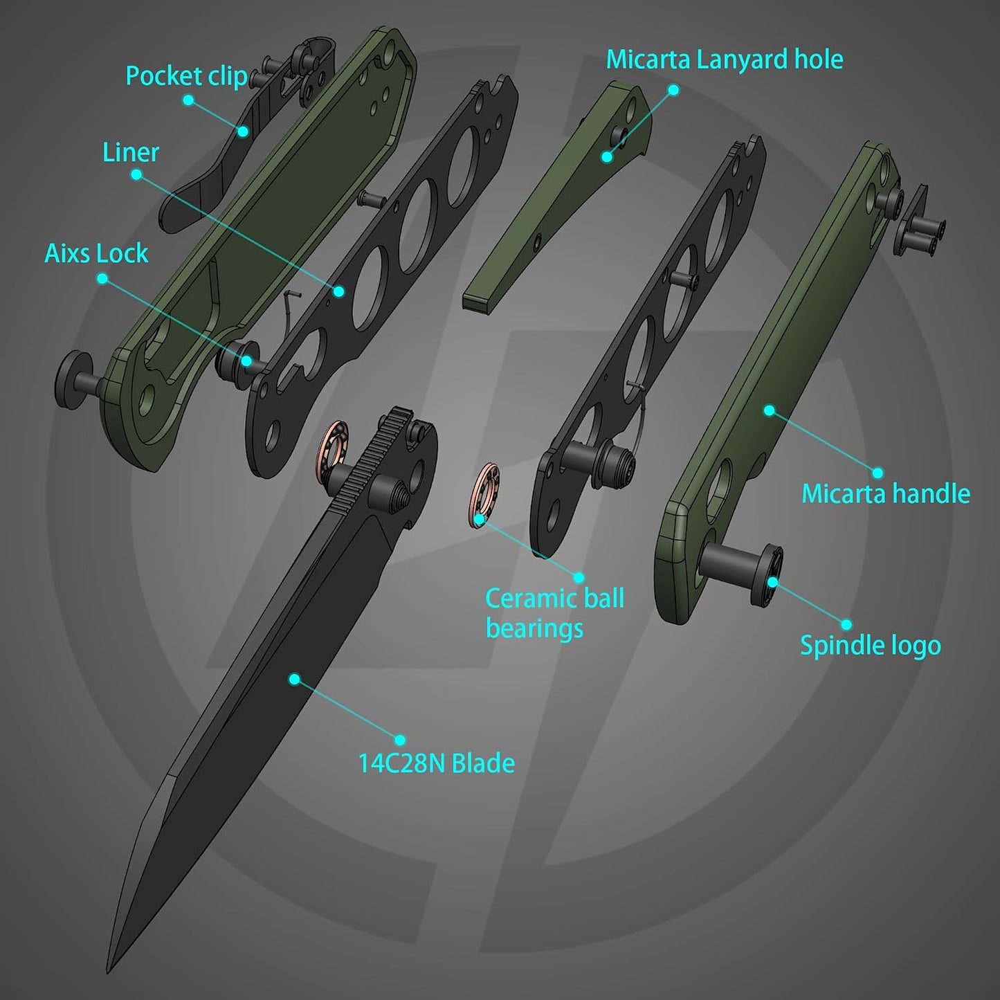 Cuchillo EDC acero 14c28n bloqueo barra verde