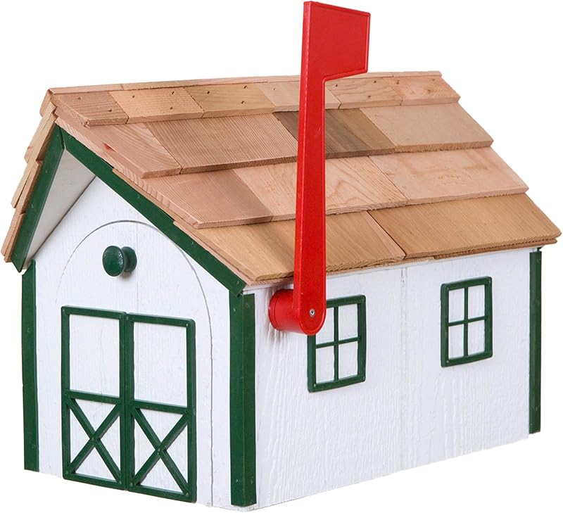 Buzón madera cedro con ventana puerta blanco borde verde