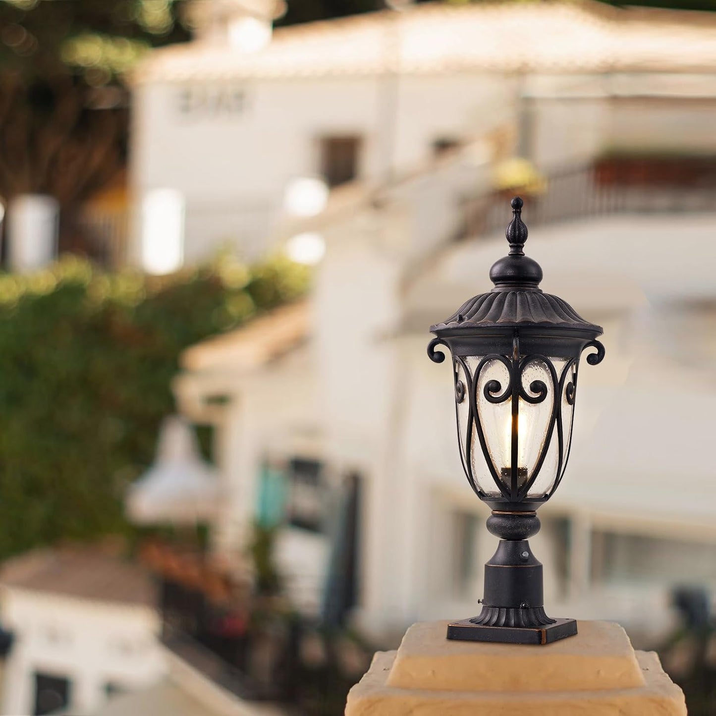 Lámpara poste exterior bronce 24pulg vidrio granulado jardín