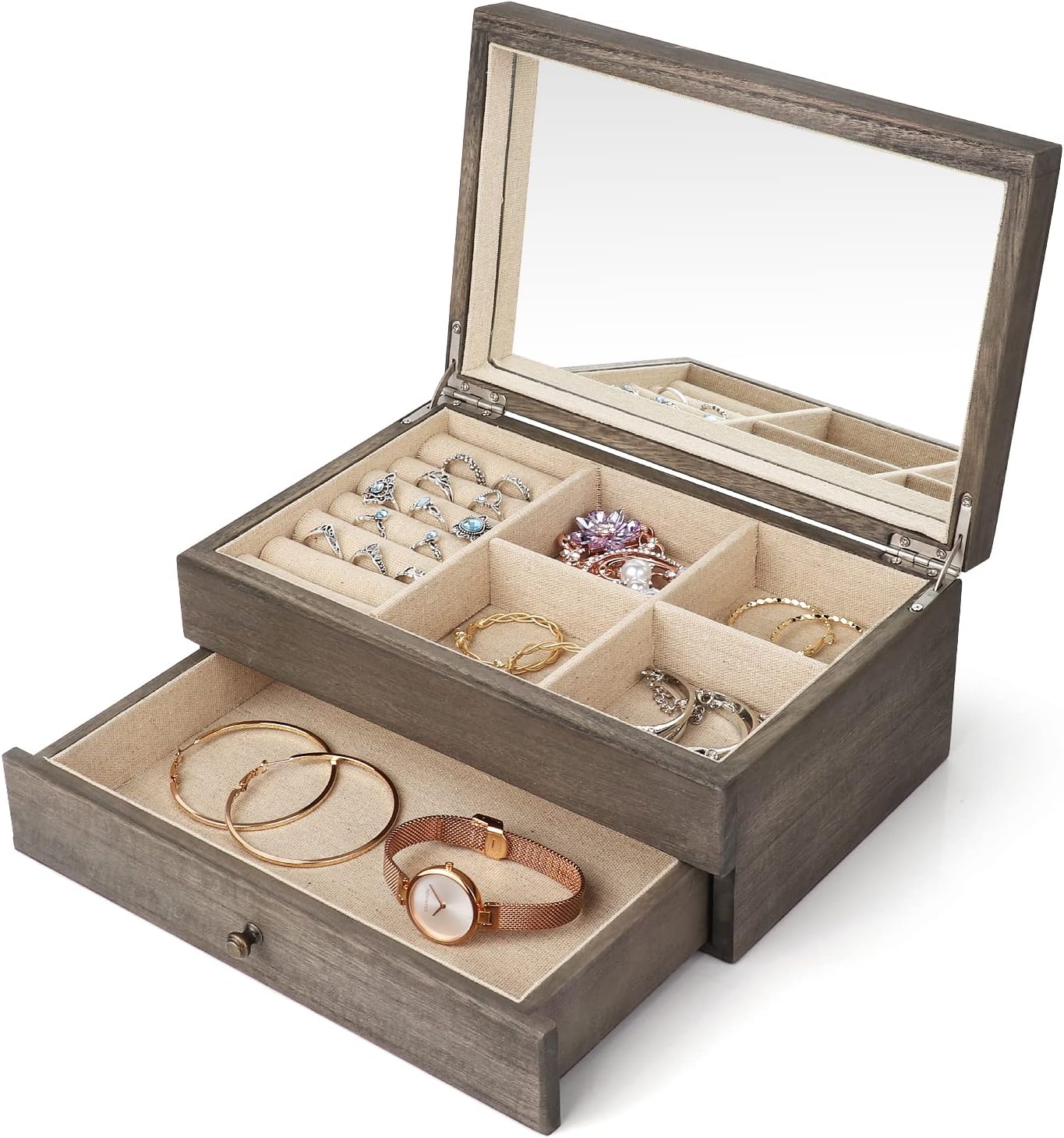 Caja joyería madera rústica con espejo y bandeja anillos