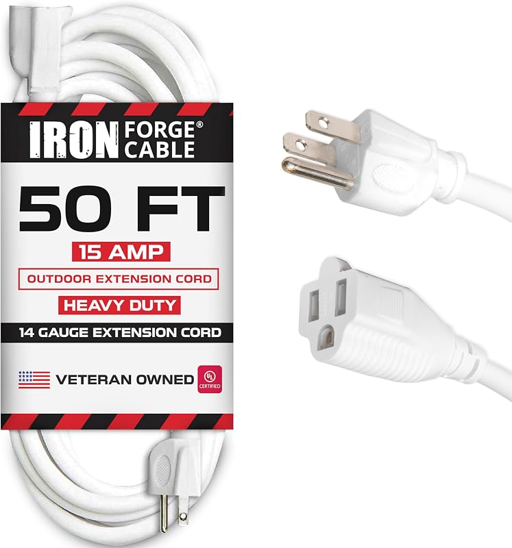Cable extensión 15A 50 ft 14/3 clavija 3 pzas blanco