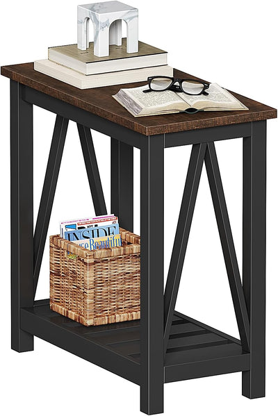 Mesita auxiliar rústica vintage estrecha con estante negro
