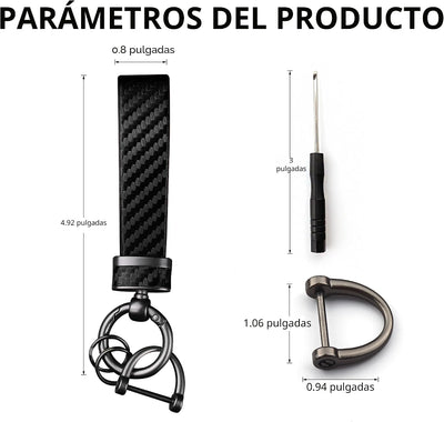 Llavero cuero fibra carbono anillo D antipérdida coche negro