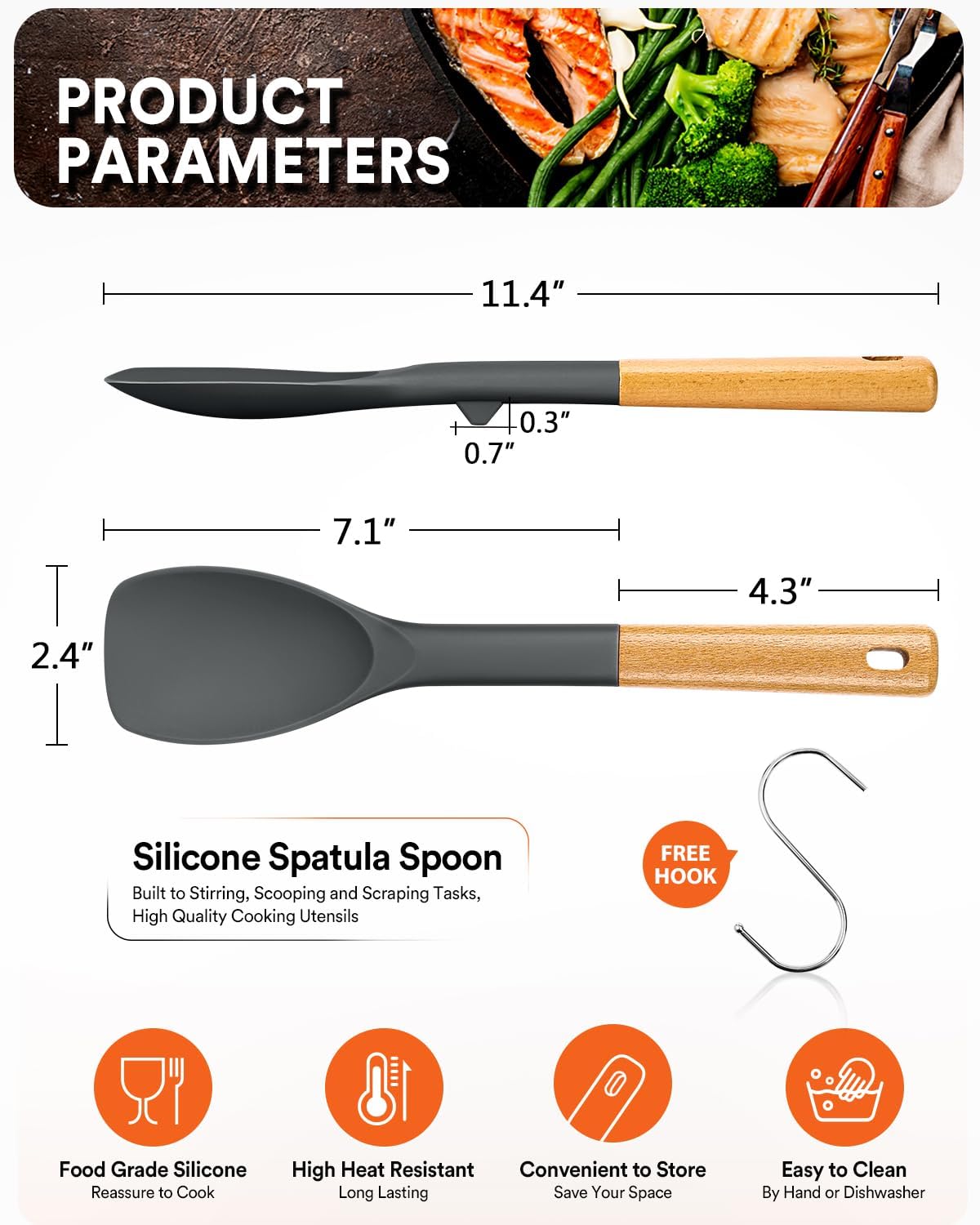 Espátula silicona antiadherente con mango madera gris