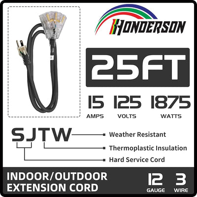 Cable extensión 3 salidas resistente 12/25 ft negro UL