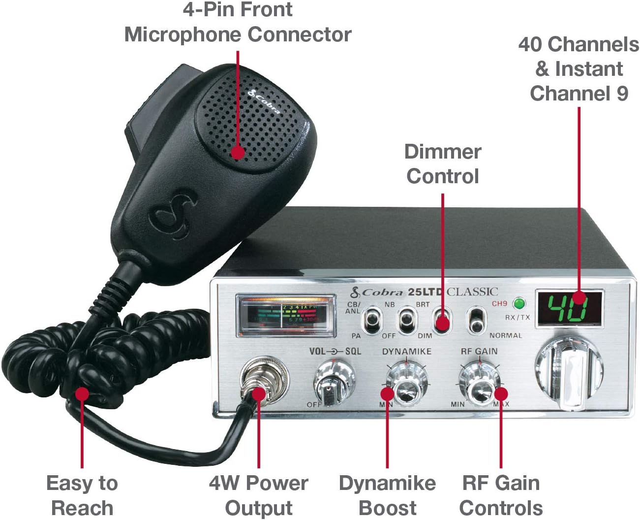 Radio CB profesional 40 canales 4 vatios 9 pies cable