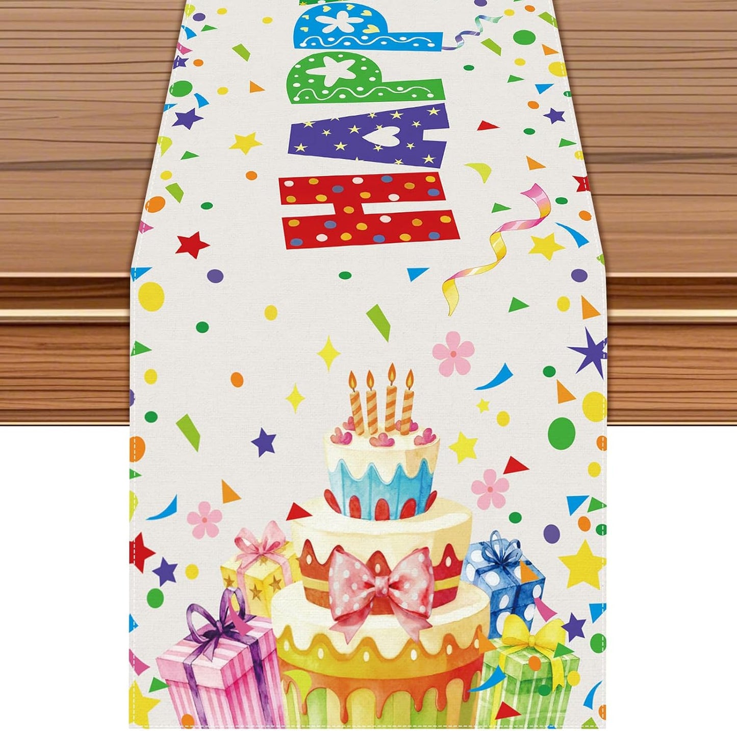 Camino Mesa Cumpleaños Pastel Regalos Confeti 72x13pulg Blanco