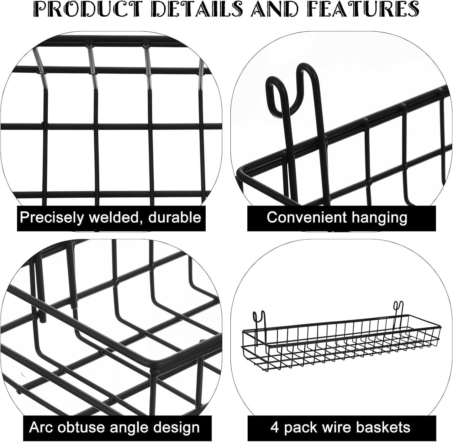 4 Cestas Pared Rejilla Metal 15.75x3.94" con Ganchos Negro