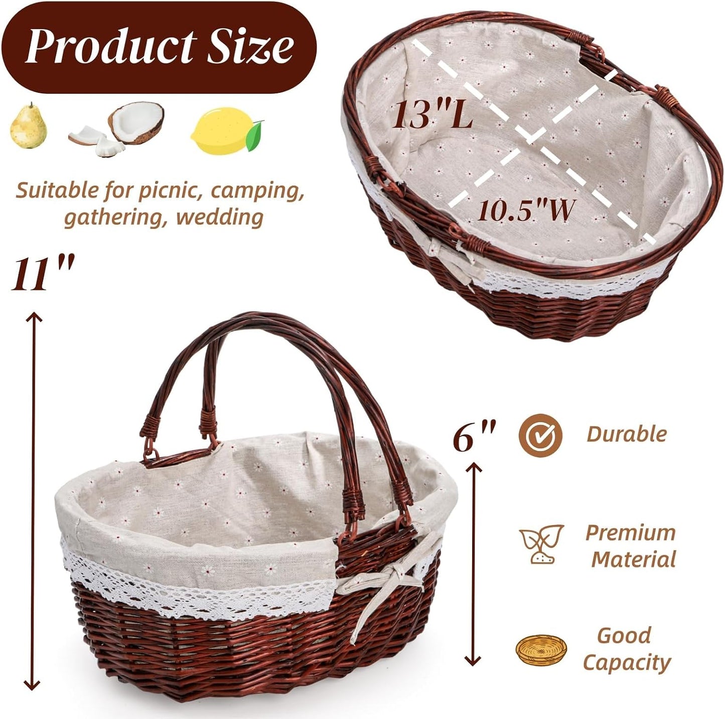 Cesta mimbre asa grande para picnic jardín frutas vino