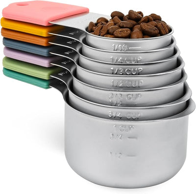 Set 14 Tazas y Cucharas Medidoras Acero Inox Redondas