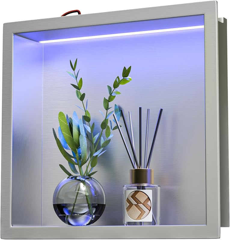 Nicho ducha LED acero inox 12x12 pulg luz RGB impermeable