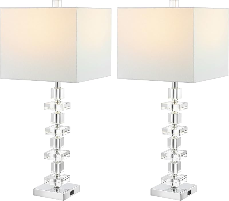 2 Lámparas Mesa Cristal 28.5" USB Iluminación Cromada