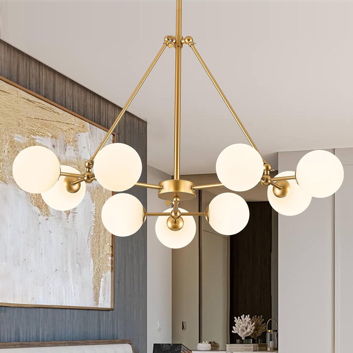 Candelabro Sputnik dorado 9 luces cristal esmerilado