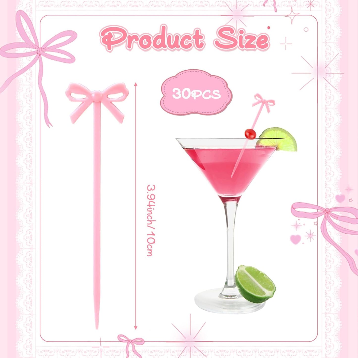 30 Pzas Brochetas Acrílico Lazo Rosa para Frutas y Aperitivos
