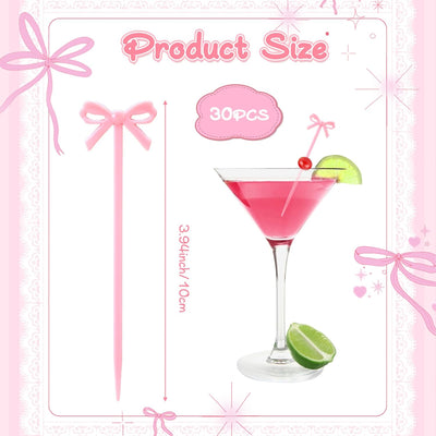 30 Pzas Brochetas Acrílico Lazo Rosa para Frutas y Aperitivos