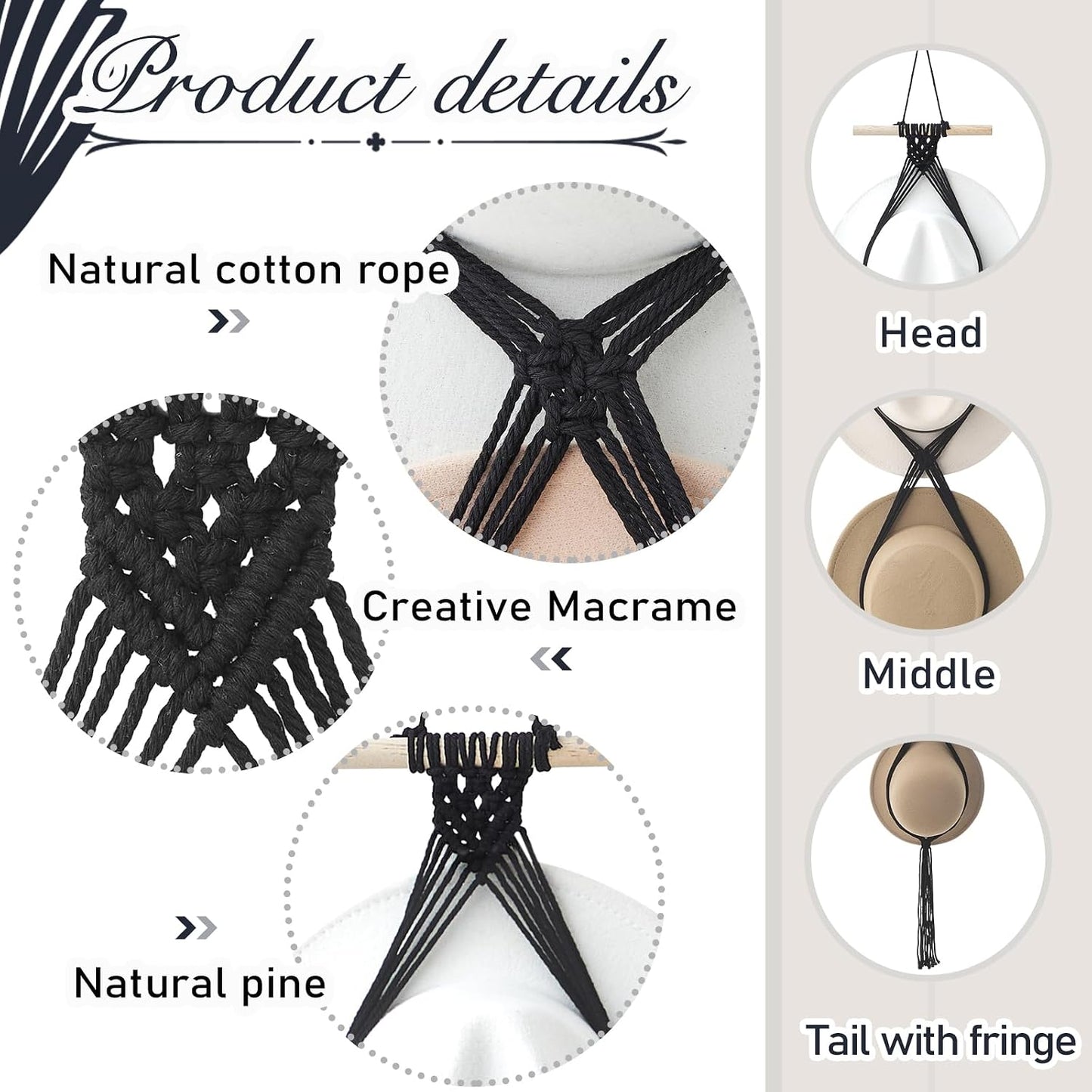 Perchas macramé para sombrero bohemio colgar puerta negro