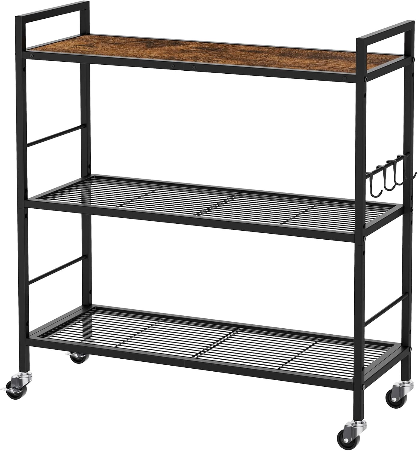 Estante metal 3 niveles ruedas malla mesa madera 31.5" negro