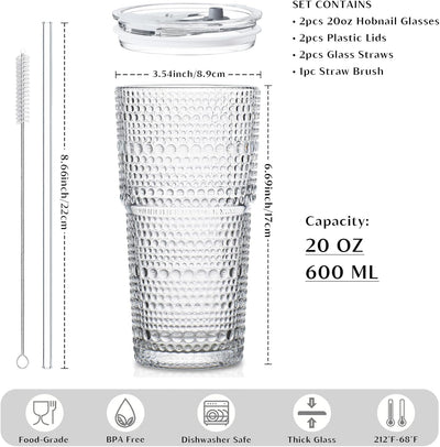 Vasos de vidrio hobnail con tapas y pajitas 2 piezas para café helado batidos
