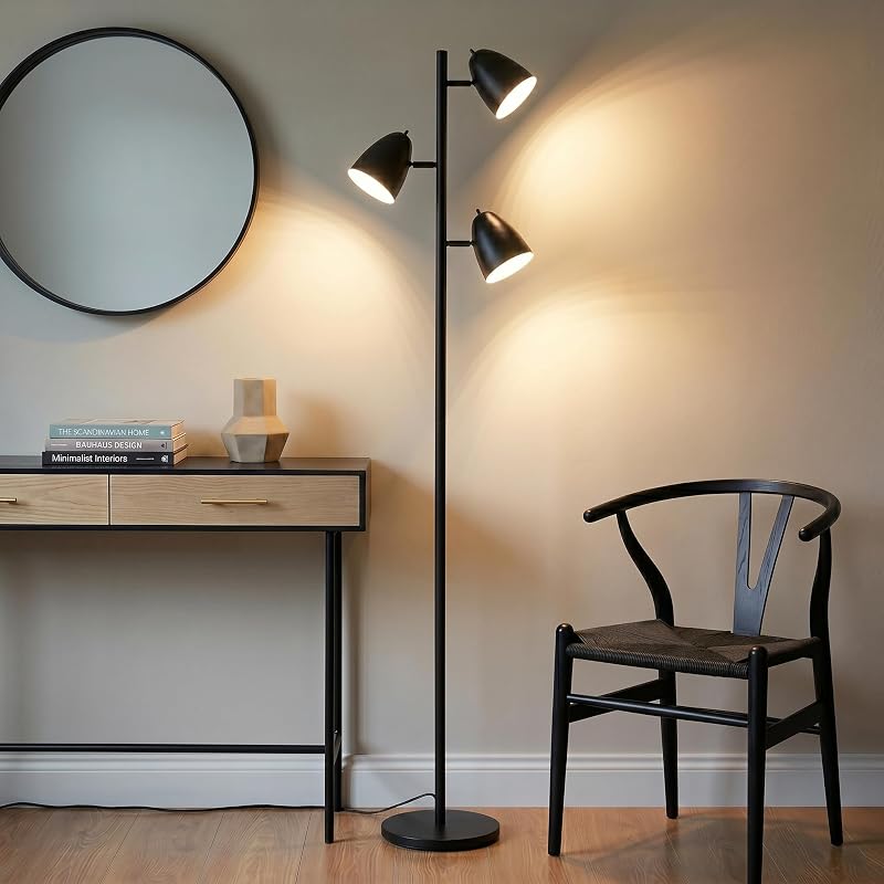 Lámpara pie LED 3 luces ajustables negro clásico