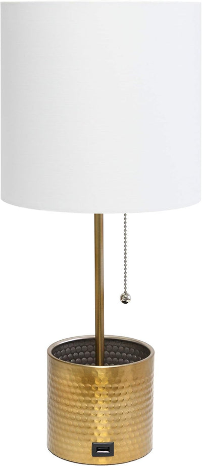 Lámpara mesa metal martillado USB tela color dorado