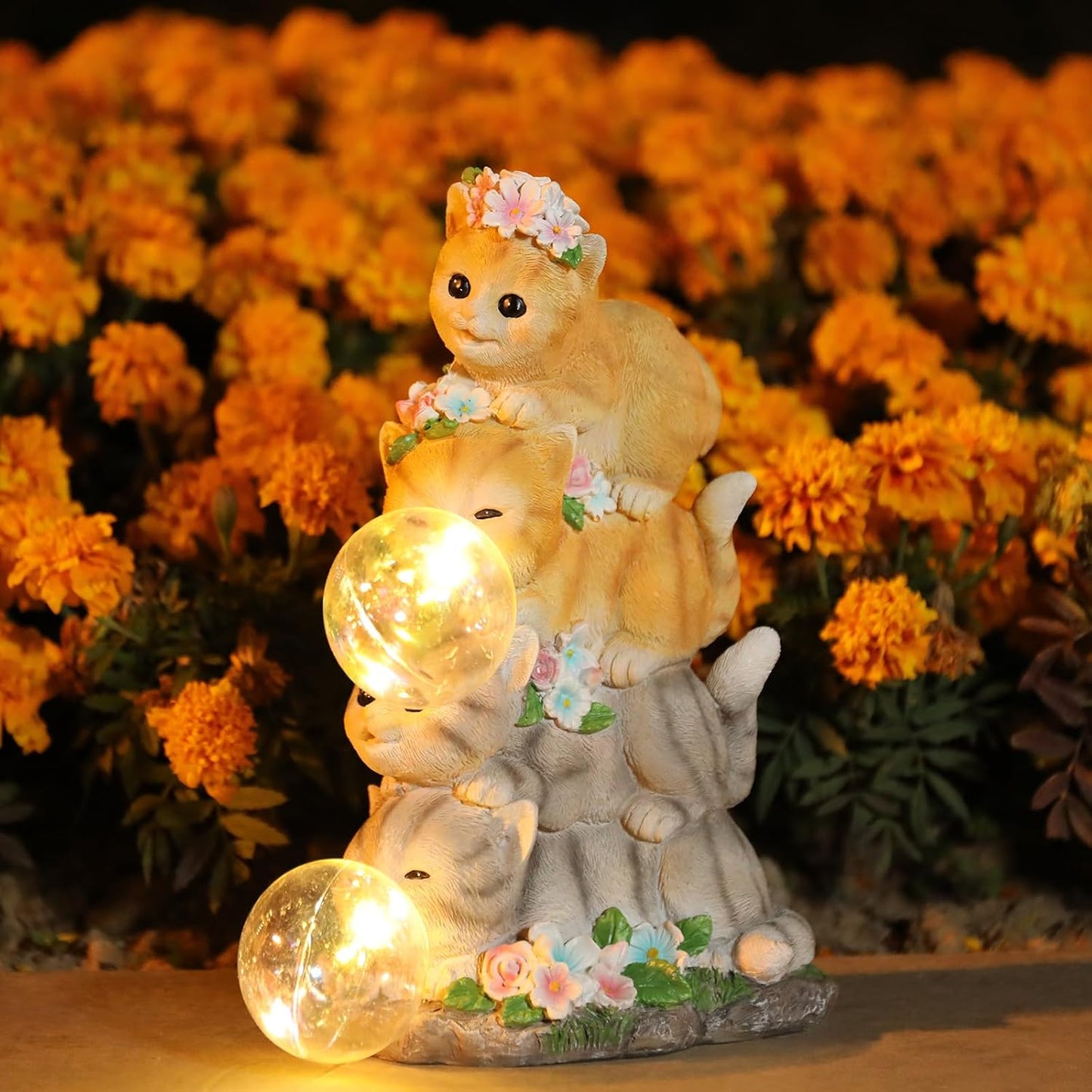 Estatua gato resina con luces LED para jardín