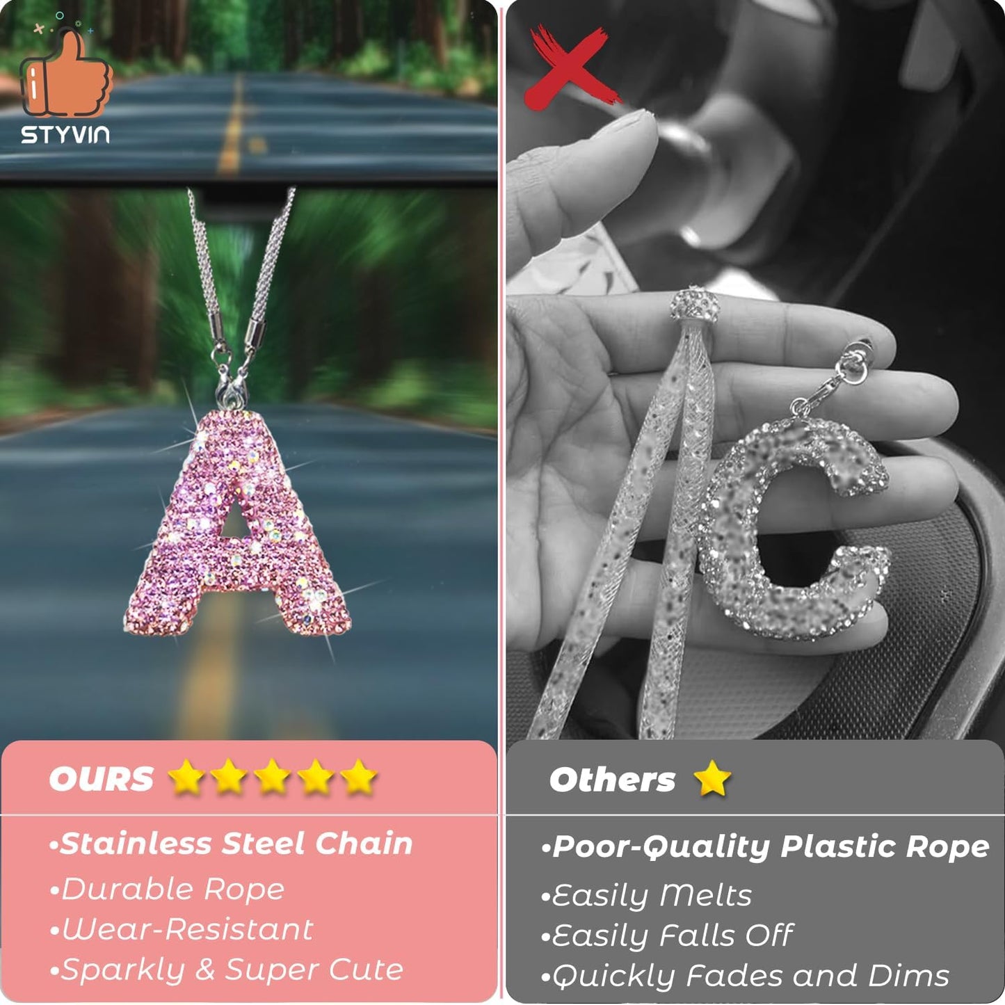 Accesorios coche rosa con dije y espejo arcoíris