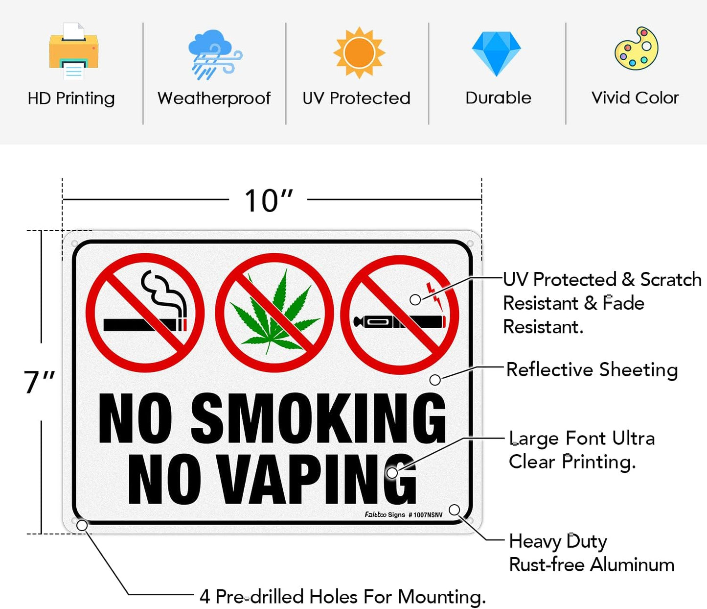 2 Letreros No Fumar No Vaping 10x7" Aluminio Reflectante