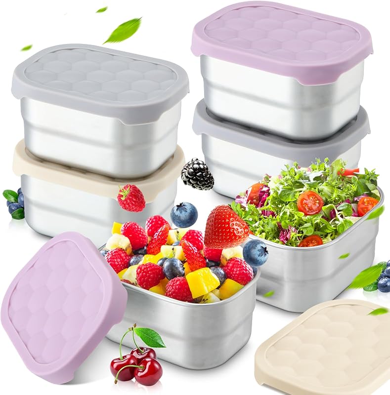 6 Recipientes Acero Inox 8oz con Tapas Silicona para Niños