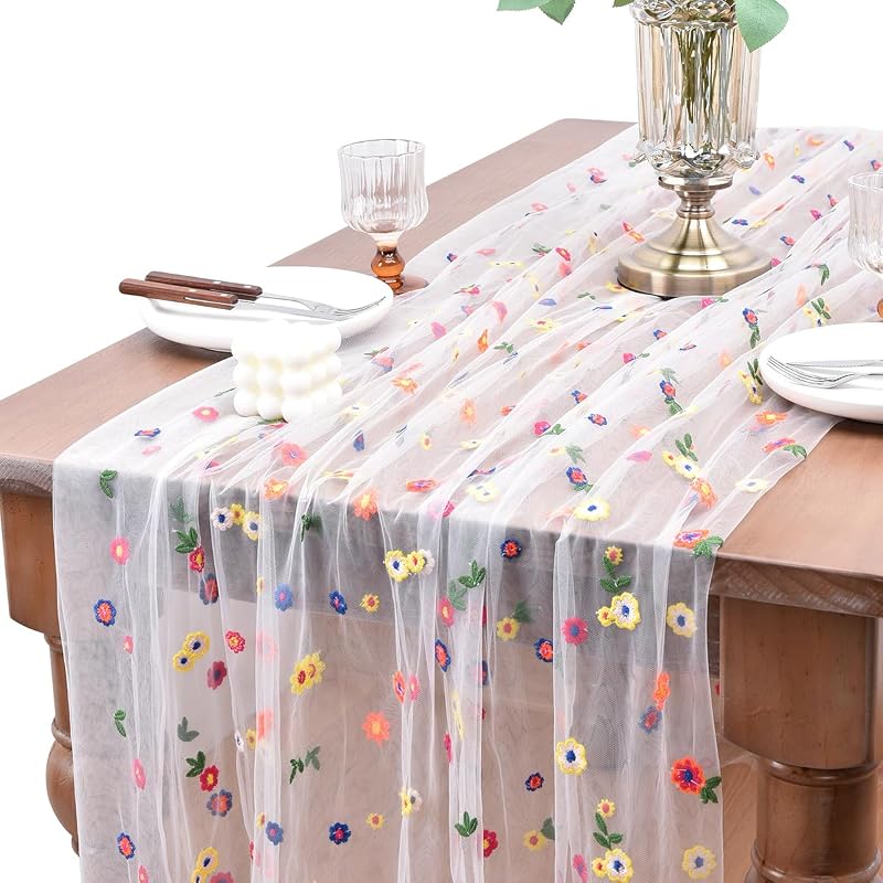 3 Pzas Camino Mesa Floral Tul Marfil Temporada Pascua