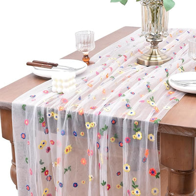 3 Pzas Camino Mesa Floral Tul Marfil Temporada Pascua