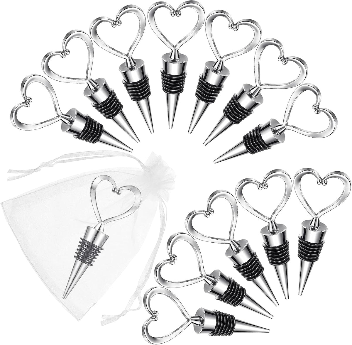 50 Tapones Vino Corazón Acero Inox 100 Bolsas Organza Boda