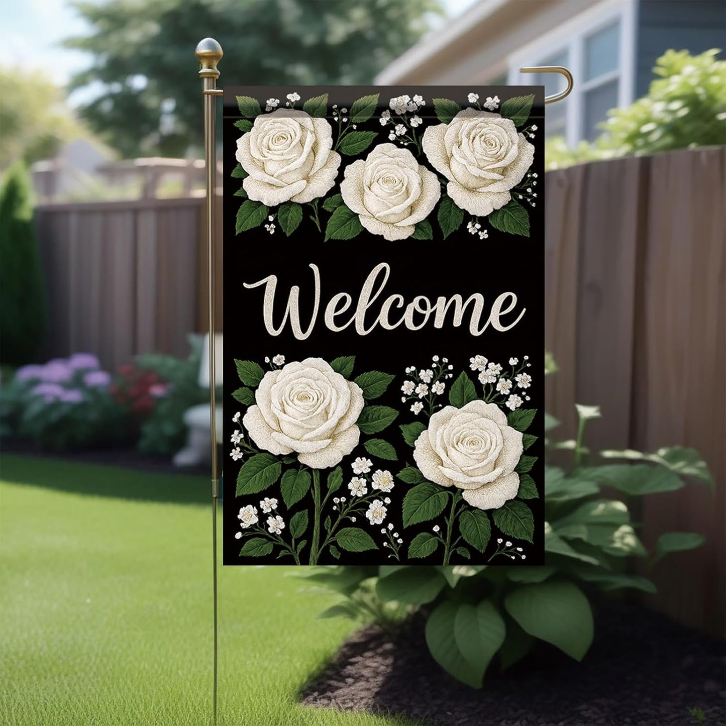 Bandera bienvenida rosas blancas 12x18pulg doble cara