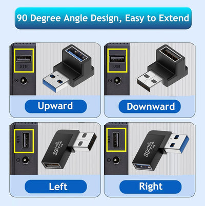 Adaptador USB 3.0 macho a hembra 90 grados 4uds